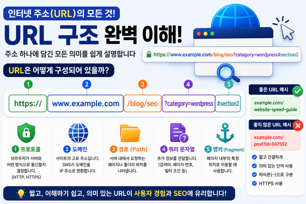 인터넷 주소(URL)의 구조 완벽 이해하기, 주소 하나에 담긴 모든 의미 인터넷 주소 URL의 구조와 각 구성 요소 설명