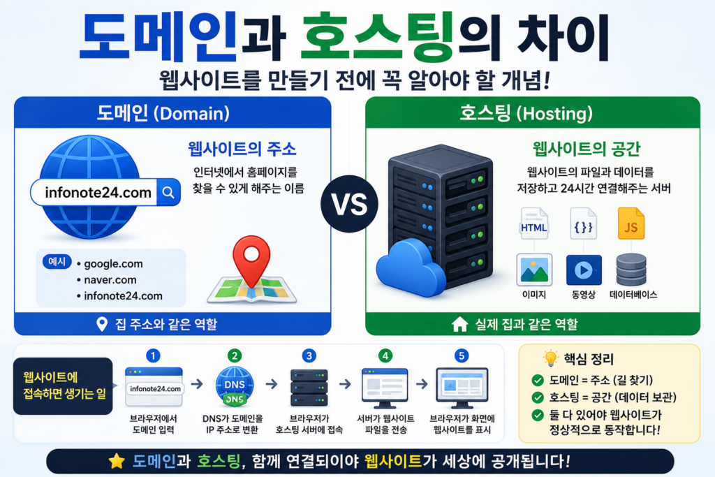 도메인과 호스팅의 차이를 쉽게 설명합니다. 웹사이트를 만들기 전에 꼭 알아야 할 개념 도메인과 호스팅의 차이와 웹사이트 동작 원리