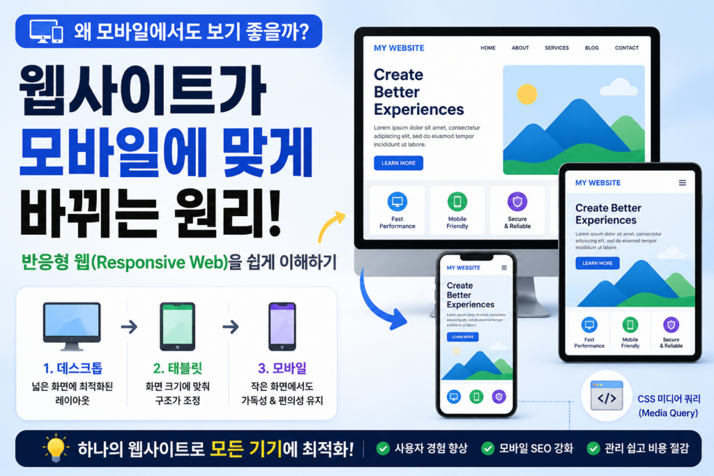 웹사이트가 모바일에 맞게 바뀌는 원리, 반응형 웹을 쉽게 이해하기 반응형 웹이 모바일 화면에 맞게 자동으로 변경되는 원리