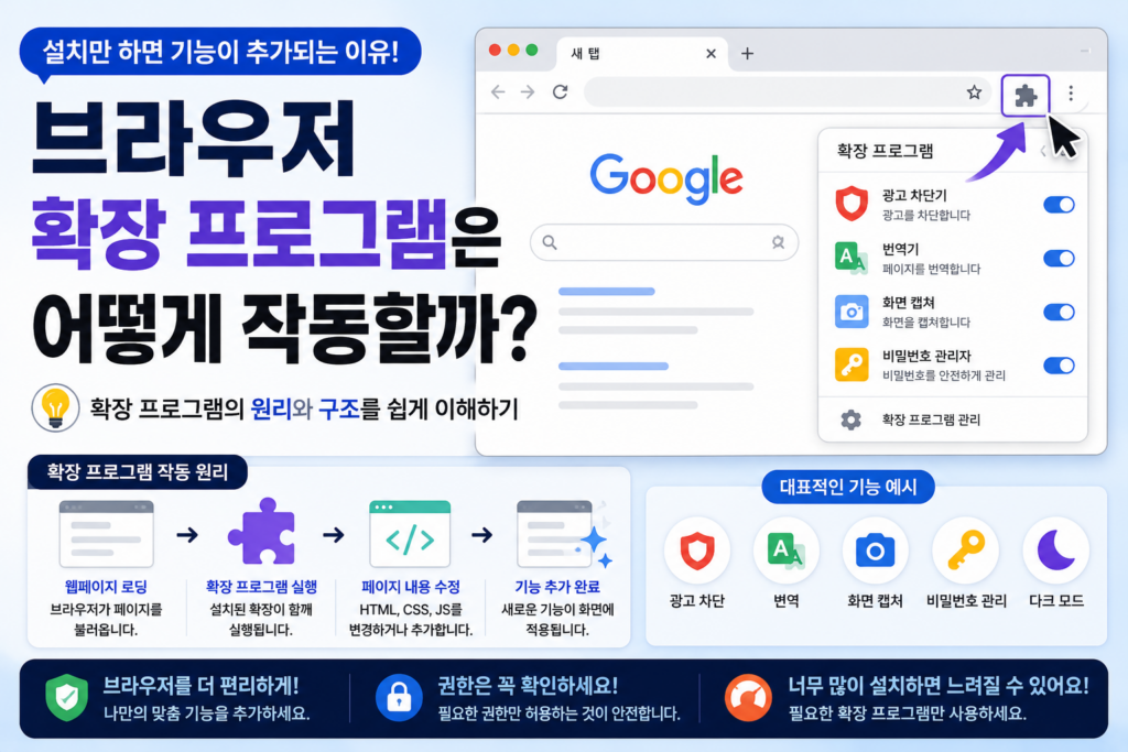 브라우저 확장 프로그램은 어떻게 작동할까? 설치만 하면 기능이 추가되는 원리 브라우저 확장 프로그램이 웹브라우저에서 동작하는 원리