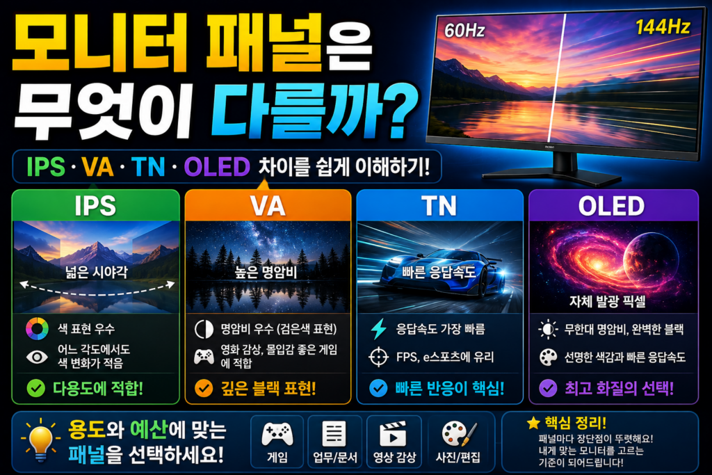 모니터는 화면을 어떻게 보여줄까? 픽셀과 주사율의 원리를 쉽게 이해하기 모니터 패널은 무엇이 다를까? IPS·VA·TN·OLED 한눈에 비교
