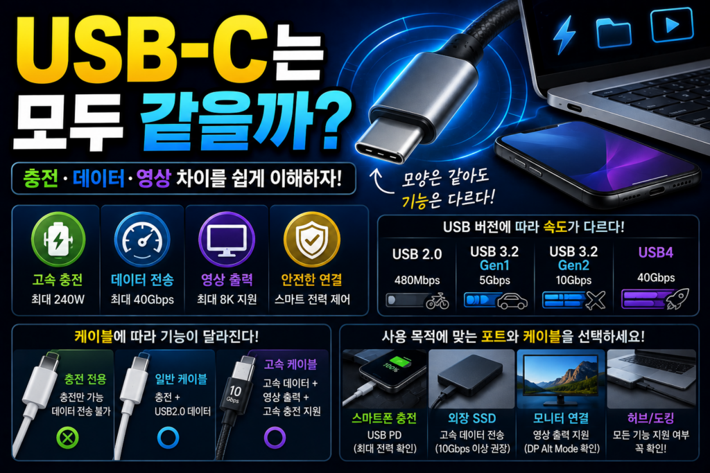 USB-C는 모두 같을까? 충전·데이터·영상 차이 쉽게 이해하기
