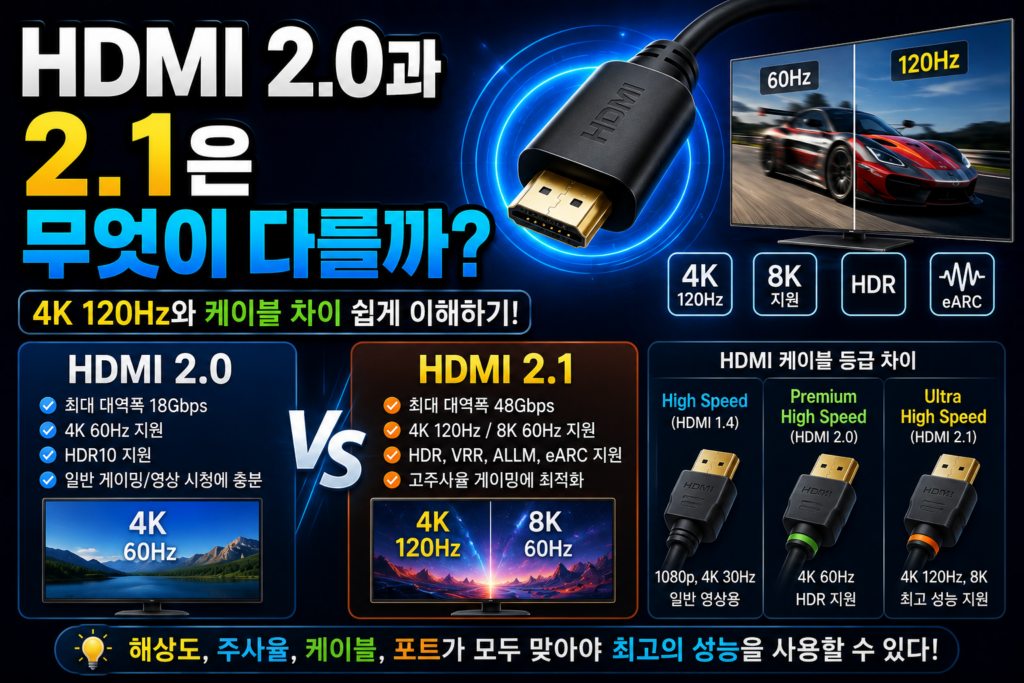HDMI는 어떻게 화면과 소리를 전달할까? 영상 신호의 원리를 쉽게 이해하기 HDMI 2.0과 2.1은 무엇이 다를까? 4K 120Hz 차이 쉽게 이해하기