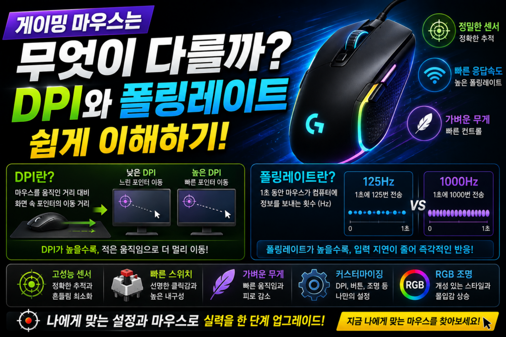 마우스는 움직임을 어떻게 인식할까? 광센서와 클릭의 원리를 쉽게 이해하기 게이밍 마우스는 무엇이 다를까? DPI와 폴링레이트 쉽게 이해하기