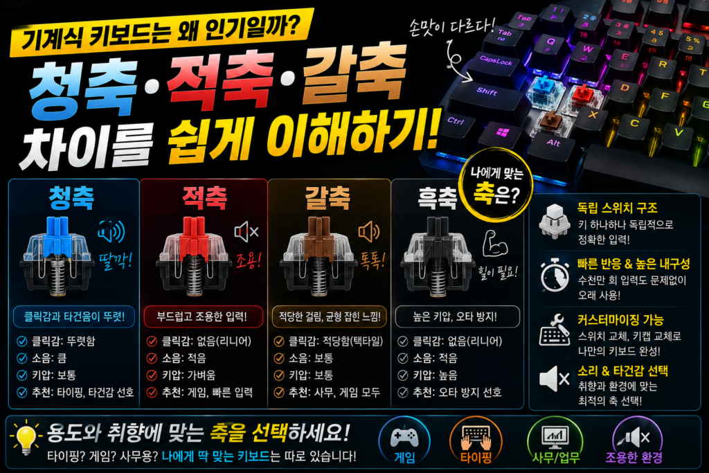 키보드는 글자를 어떻게 입력할까? 스위치와 신호 전달 원리를 쉽게 이해하기 기계식 키보드는 왜 인기일까? 청축 적축 갈축 차이