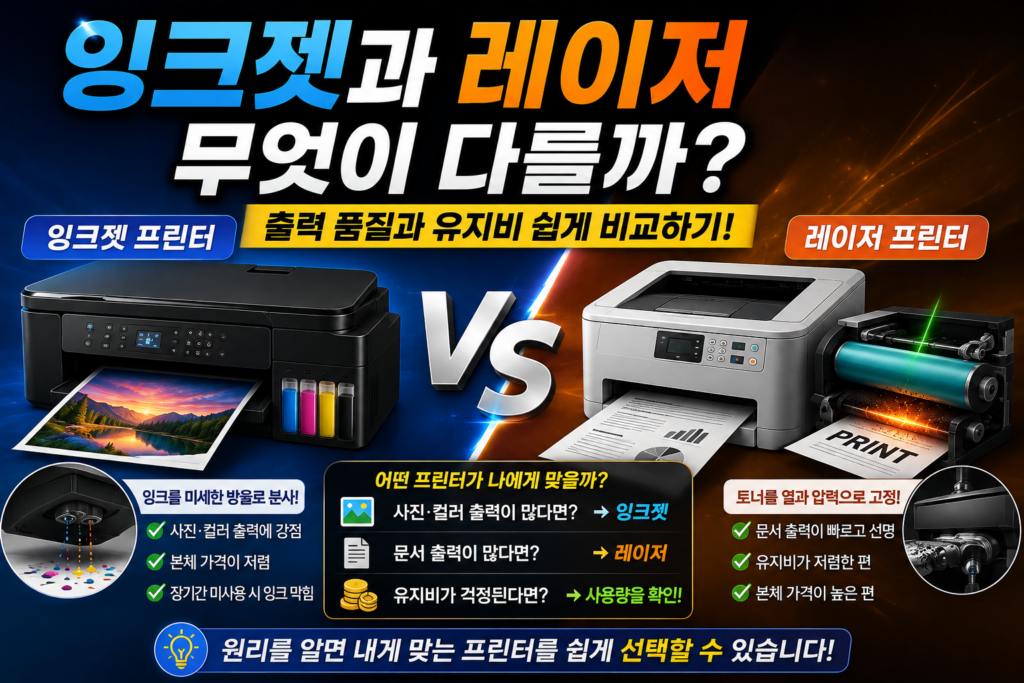 프린터는 글자와 사진을 어떻게 인쇄할까? 잉크젯과 레이저 원리를 쉽게 이해하기 잉크젯과 레이저 무엇이 다를까? 출력 품질과 유지비 쉽게 비교하기