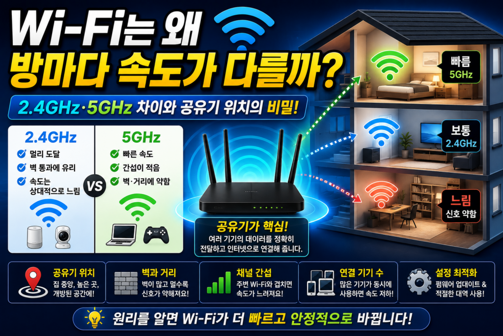 공유기는 어떻게 여러 기기를 인터넷에 연결할까? IP 주소와 NAT 원리를 쉽게 이해하기 Wi-Fi는 왜 방마다 느려질까? 2.4GHz·5GHz 차이 쉽게 이해하기